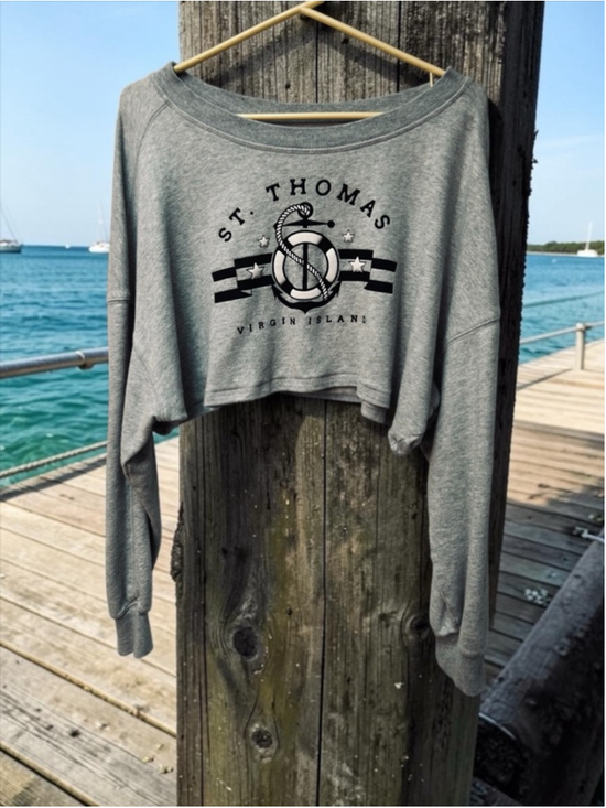 Aero Tops - St Thomas AERO Fleece Crop Top Sweatshirt Womens L Virgin Islands Gray Cotton